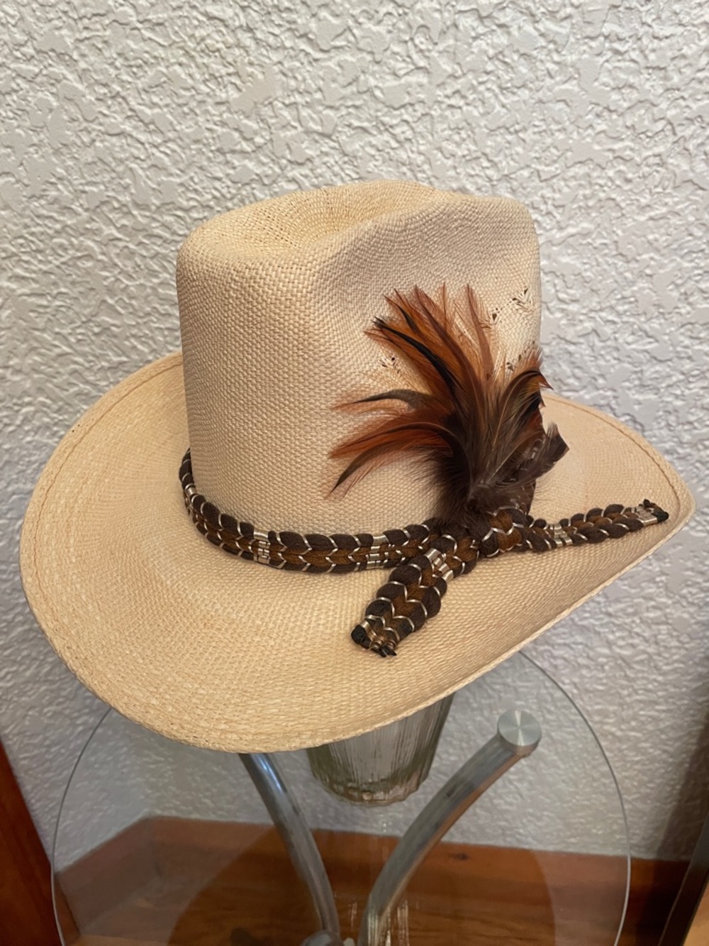 LANNING Vintage Tan Moulded Straw Feather Braided Trim Festival Cowboy Hat